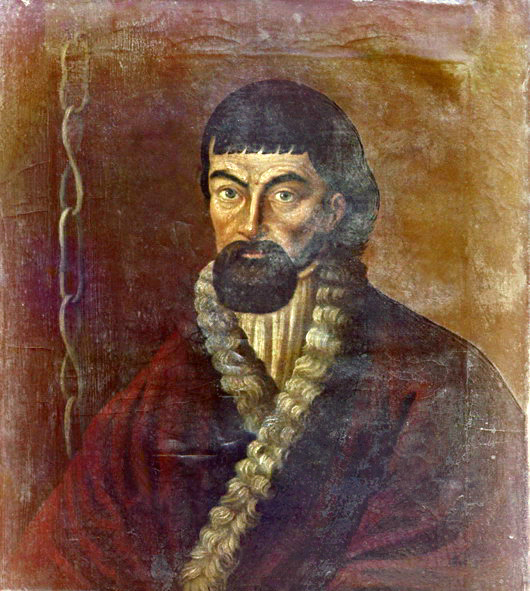 Хрестоматийное изображение Пугачева, сидящего на цепи. Гравюра XVIII века.